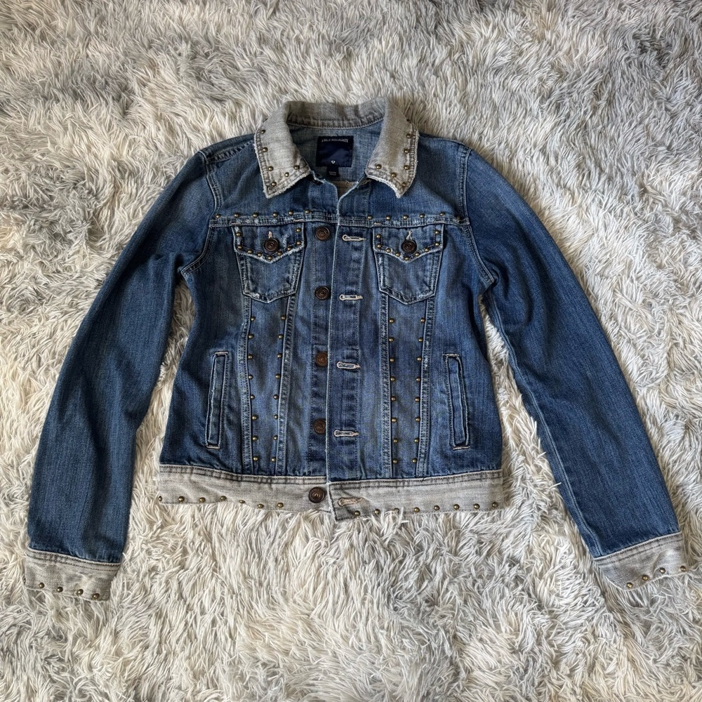 True Religion Studded Blue Grey Trucker Jean Jacket XS Sunburst Design